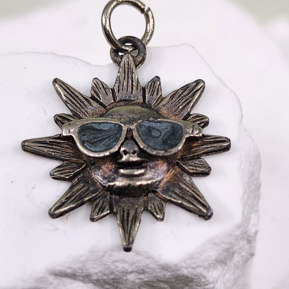 Vintage Silver Tone Sun Face Sunglasses Pendant Charm Celestial Boho Jewelry